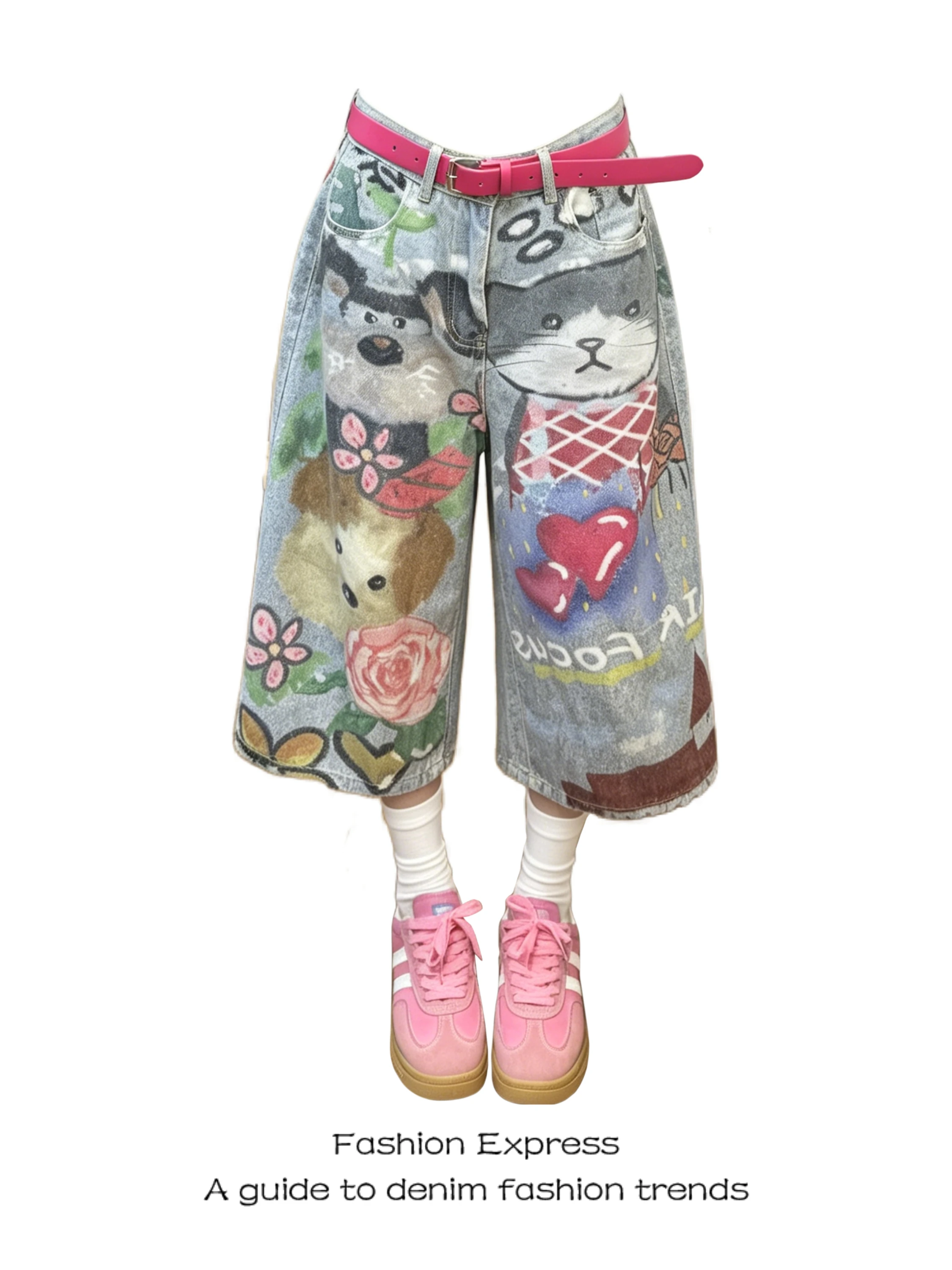 

Summer Women's Jeans High Waist Wide Leg Short Pants Blue Denim Print Cute Dog Street Style Loose Fit Comfortable Casual Trou...