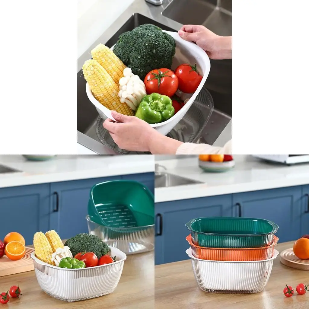 F19B Double Drain Basket Bowl Rotatable Washing Storage Basket Easy to Use and Clean Ergonomic Design and Quick Drain Durable