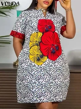 Vonda 2024 Mode Vrouwen Elegante Jurk Vintage Gedrukt Zonnejurk Oversized Mini Jurk Casual Losse Party Korte Gewaad Vestidos