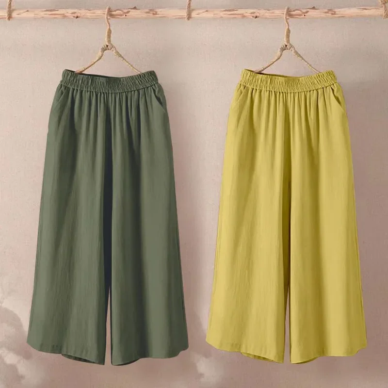 Summer Cotton Linen Wide Leg Pants for Women Pants Full Length Casual Pants Female Solid Loose High Waist Straight Trousers