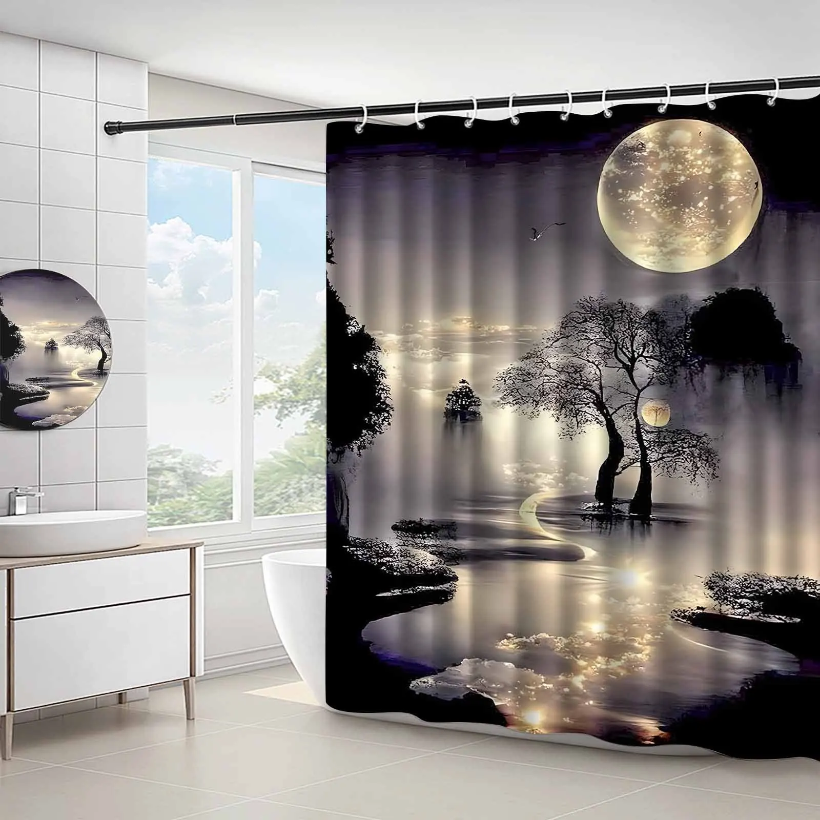 

Magical Moonlit Forest River Landscape Night Scenery Shower Curtain For Bathroom