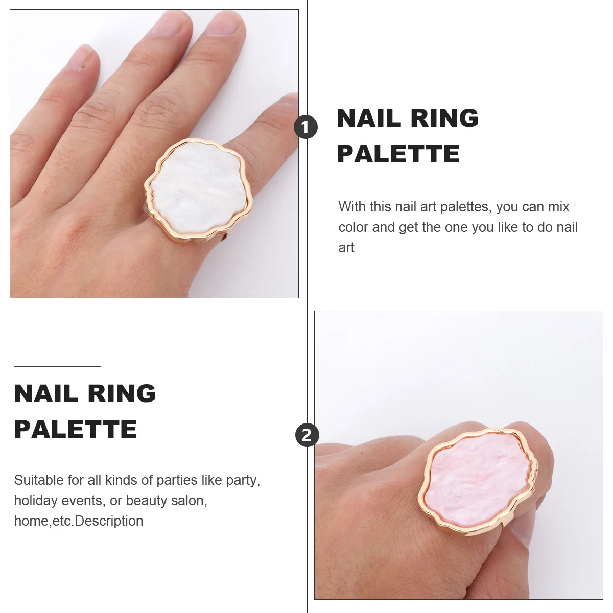 

2pcs Nail Art Palettes Mini Finger Ring Plate For Color Mixing Portable Shell Marble Design Ideal Party Holiday Salon Home Use