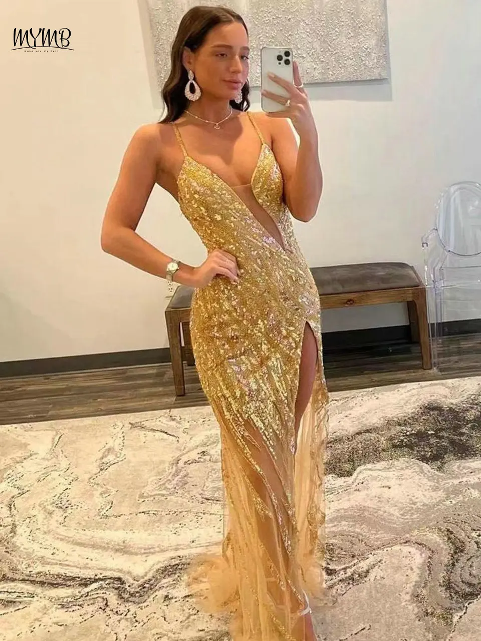 

MYMB Exclusive Gold Slip High Slit Princess Girls Gowns for Special Events Amazing Beaded Mermaid Evening Party Gowns MB40171