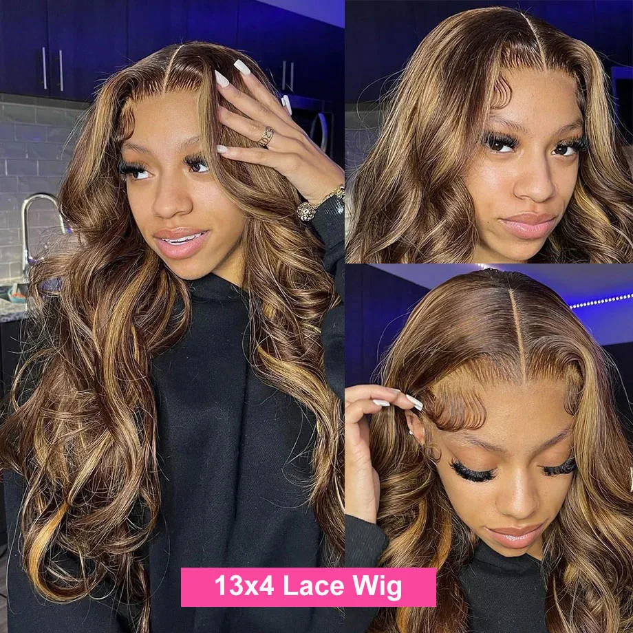 4/27 Highlight Body Wave Human Hair Wigs Brazilian Blonde Brown Piano Color 13x6 HD Transparent Lace Frontal Wig PrePlucked 200%