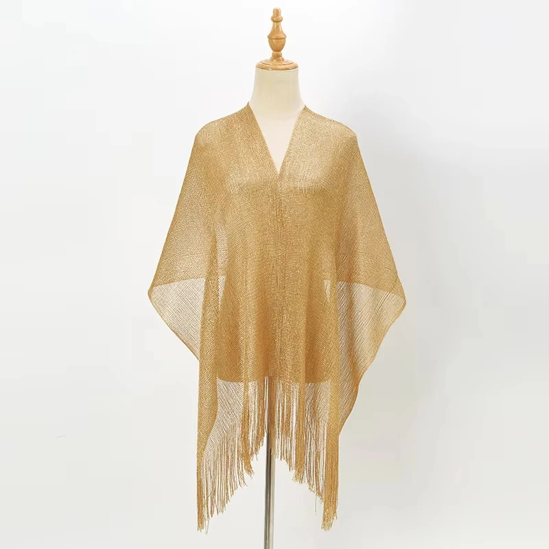 New Fashion Bright Silk Sunscreen Shawl Hijab Gold Silver Shiny Scarves For Women Lace Tassel Party Evening Dress Scarf