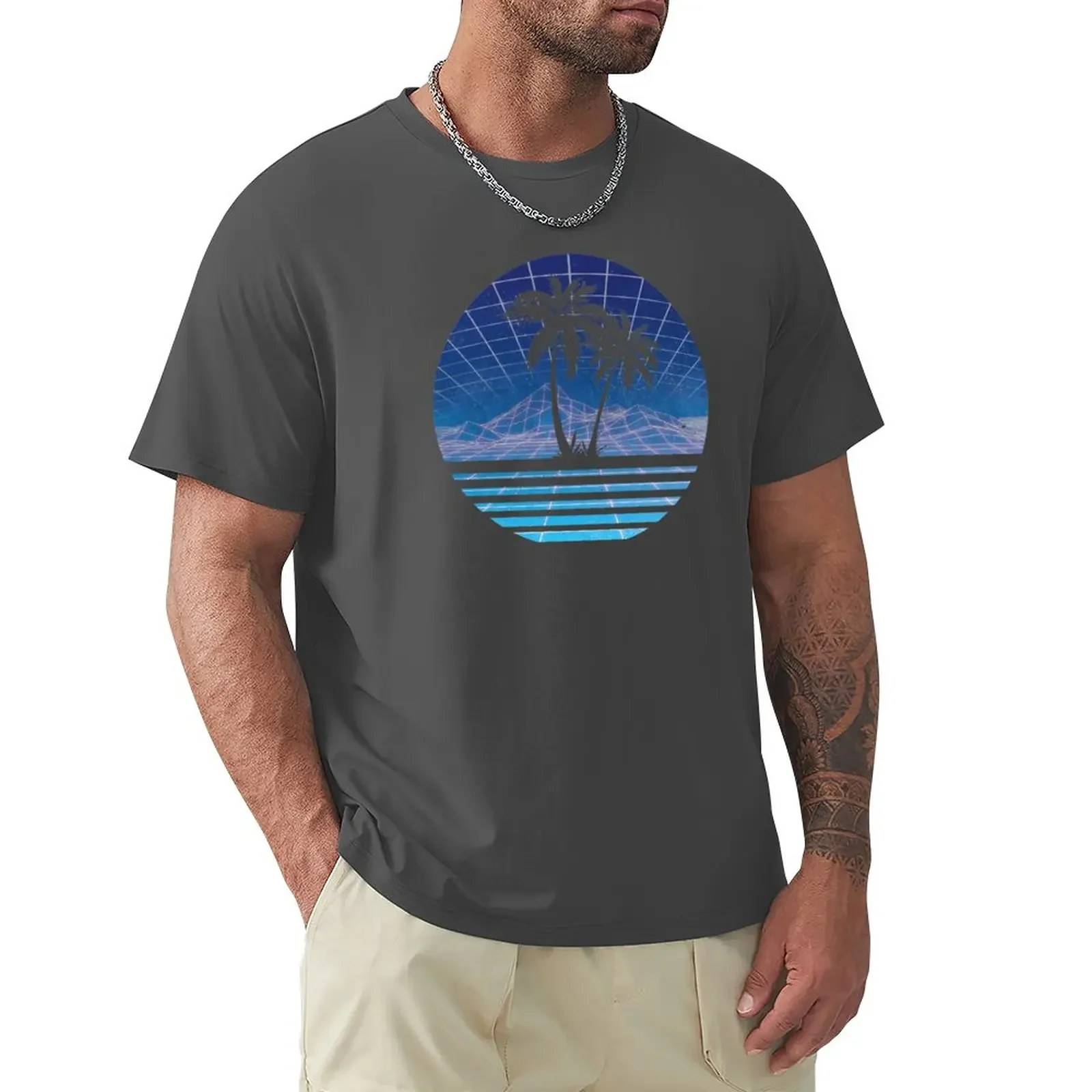 

Modern Retro 80s Outrun Sunset Palm Tree Silhouette - Blue T-Shirt cheap stuff heavyweights man t shirt mens vintage t shirts