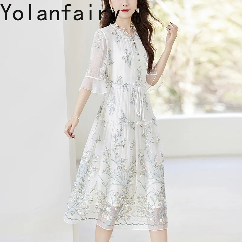 YOLANFAIRY 100% Natural Mulberry Silk Green Dress Summer 2025 High-end Embroidery Birthday Dresses Luxury Elegant Women Dress