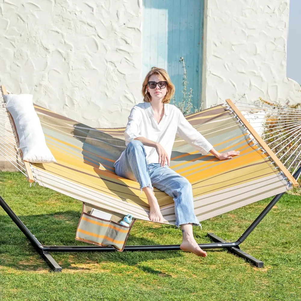 

Waterproof Double Hammock with Stand for Outside Heavy Duty, 2 Person 55'' Large Quick Dry Textilene Hammocks with Hardwood