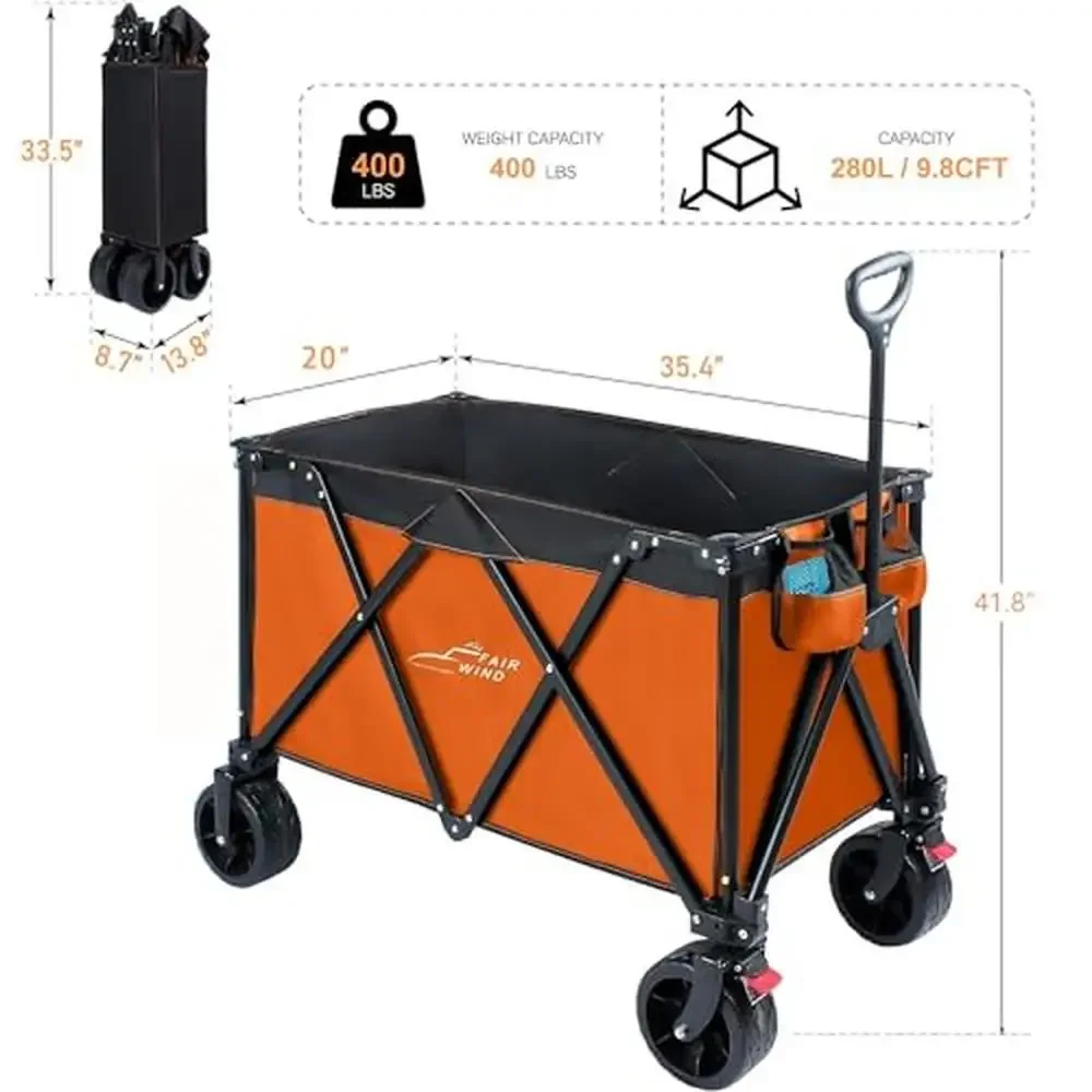 280L All-Terrain Wagon Cart 400LBS Capacity Adjustable Handle Heavy Duty Cargo Net Brake Steel Frame Oxford Fabric Durable