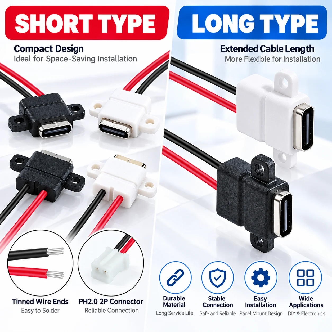 2Pin USB Type-C Female Panel Mount Connector Cable With Screw Hole, Open Tinned Wire / PH2.0 2P Terminal