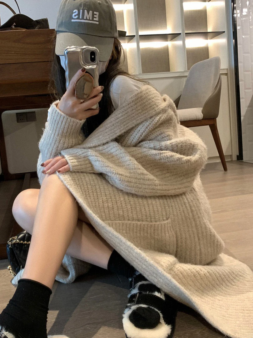 レディース肥厚ロングオープンカーディガンセーターフード付きニットアウター秋冬暖かい V ネックカジュアルスタイルピュアカラー