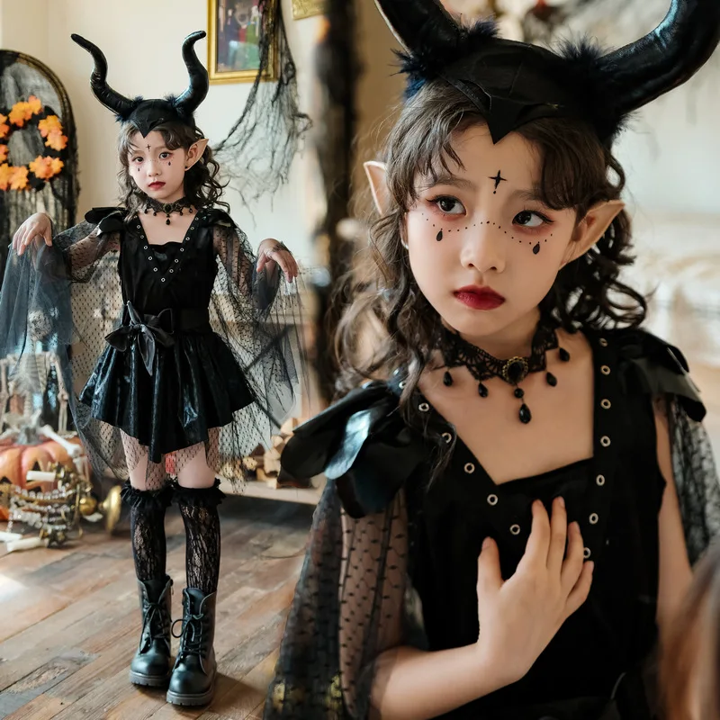

Halloween Kids Cosplay Costume Witch Stage Show Girls Catwalk Vampire Night Elf Dress
