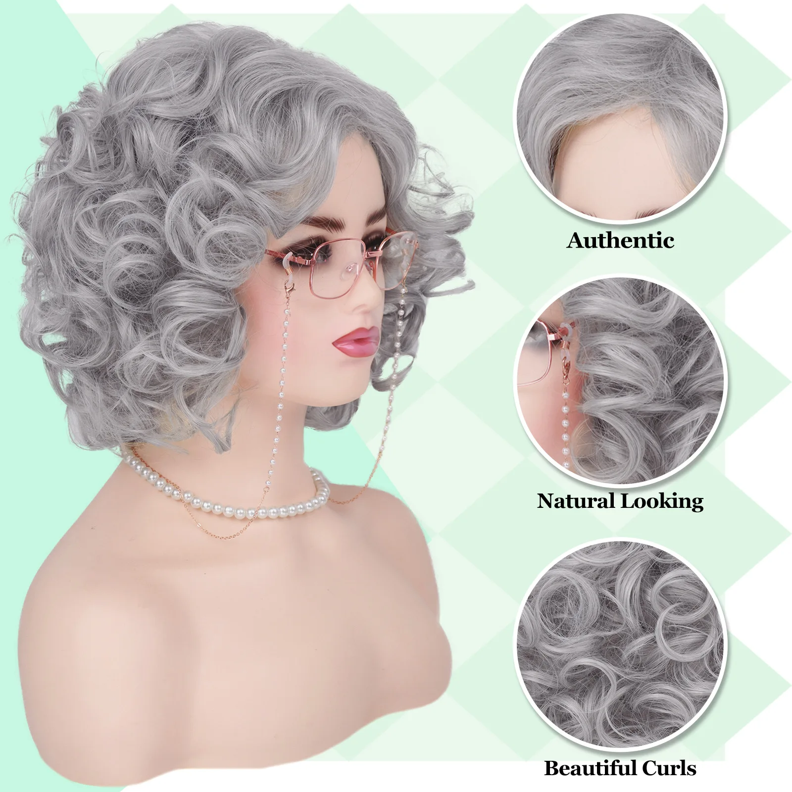 Wig dan Aksesori Kostum Wanita Tua untuk Wanita Wig Nenek Keriting Abu-abu Wig Nenek Sintetis untuk Cosplay Halloween 100 Hari