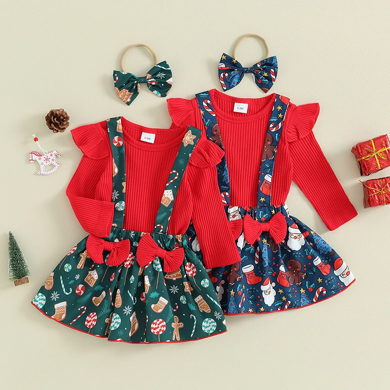 

3 Pcs Baby Girls Christmas Outfit Long Sleeve Ribbed Romper and Santa Claus Print Suspender Skirt Cute Headband Fall Clothes