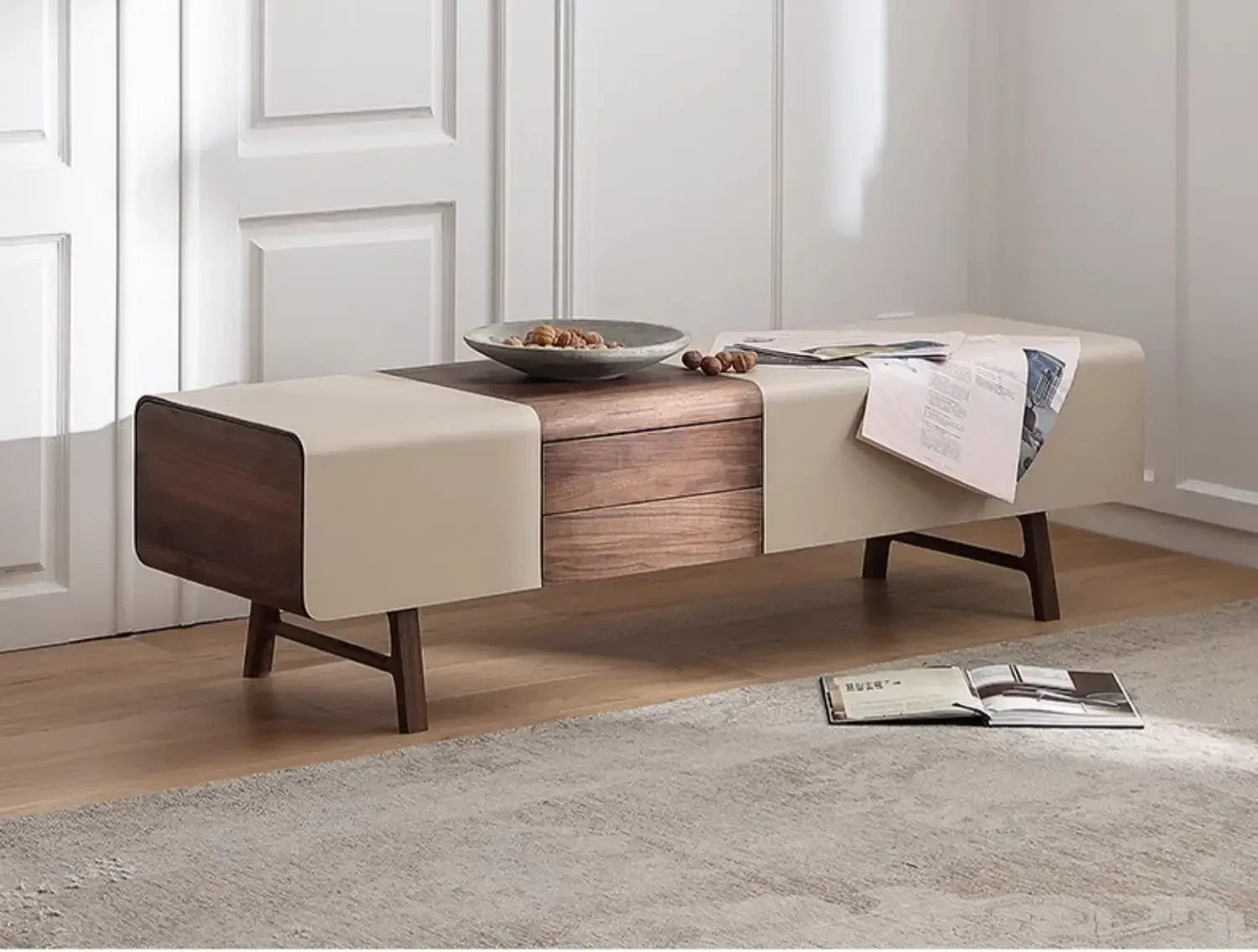 HHBlack Walnut Sail Bench Foyer Saddle Leather Bedroom Bedside Bench