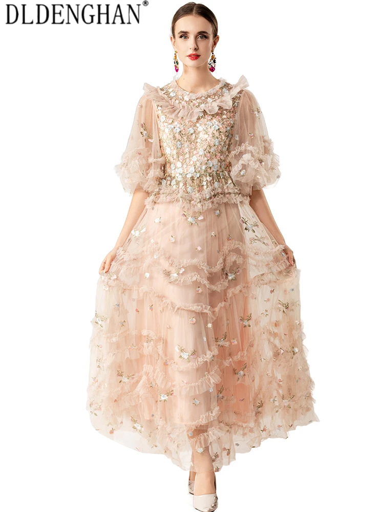 Dldenghan feminino o-pescoço mangas alargamento bordado em camadas borda babados primavera verão boêmio maxi vestido
