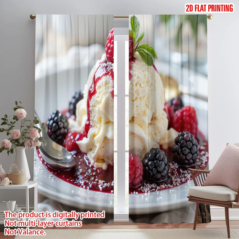 2D flat printing 2pcs Curtains Berry Vanilla Ice Cream Digital Printed Polyester Drapes Seasonal Party & Holiday Decor Perfect