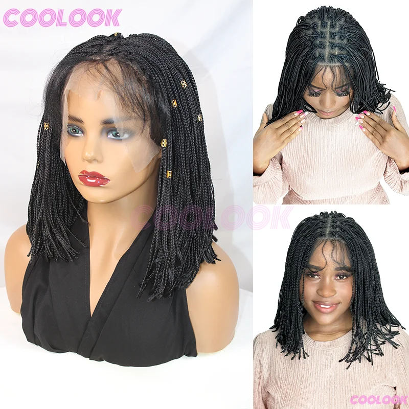 Wig Kepang Pendek 12 inci untuk Wanita, Wig Sintetis, Kepang Renda 6*6, Wig Afrika, Kepang Cornrow Mikro, Wig Hitam