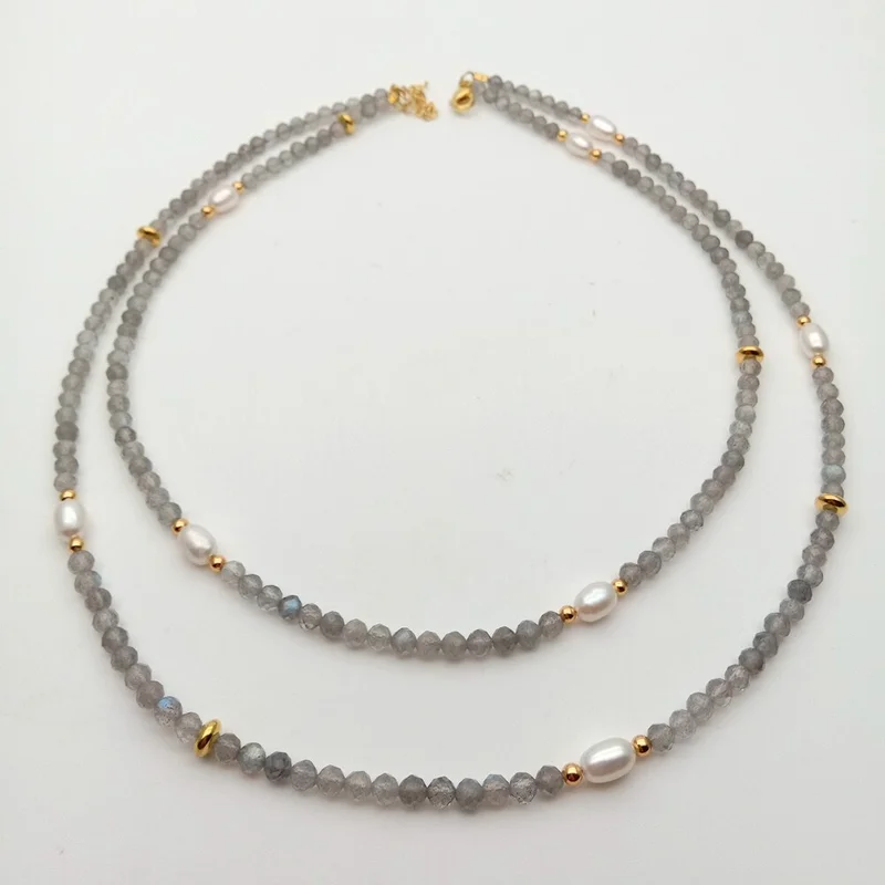 Natural 2 rows faceted Labradorite Cultured white rice Pearl Necklace 17.5