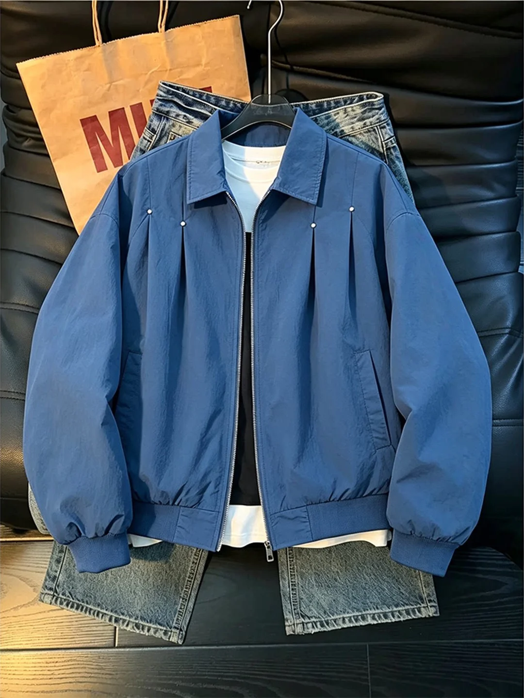 Men's Short Flight Jacket 2026 Rivet Deconstructed Shoulder High Street Style Baseball Coat Korean Style Loose Fit Long Sleeve