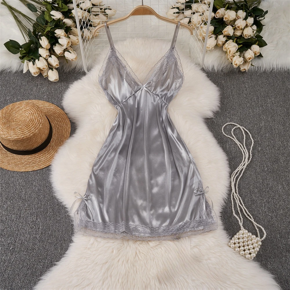 Women Night Dress Sexy Lace V Neck Lingerie Dresses Satin Sleepwear Lace Up Sleepwear Sleeveless Night Gown Bathrobe Nightdress