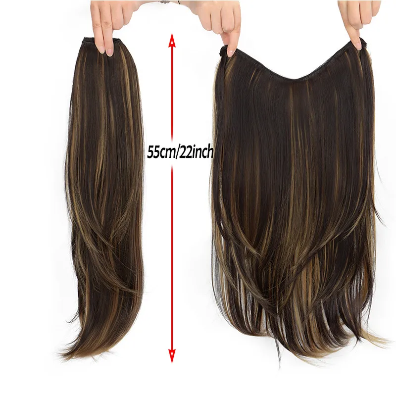 22Inch Synthetic Long Straight Layered Clip-in Hair Extension V-shaped Black Blonde Invisible Hairpiece for Women