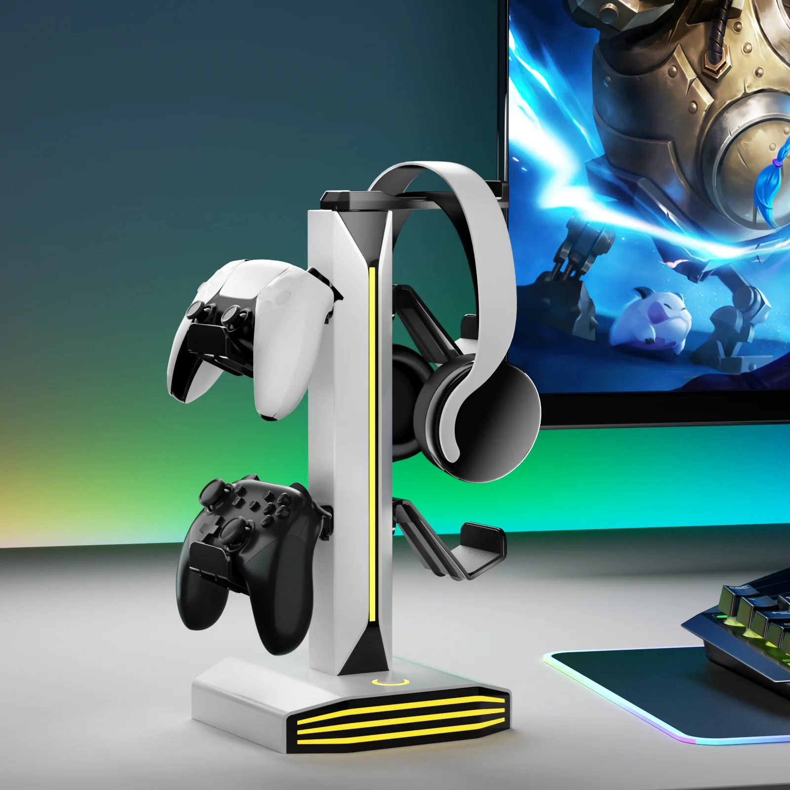 RGB Game Controller Holder Rack with 7 Light Modes, Headphone Stand 2 USB Charging and 1 Type-C for PS5/PS4/Xbox/Switch Pro