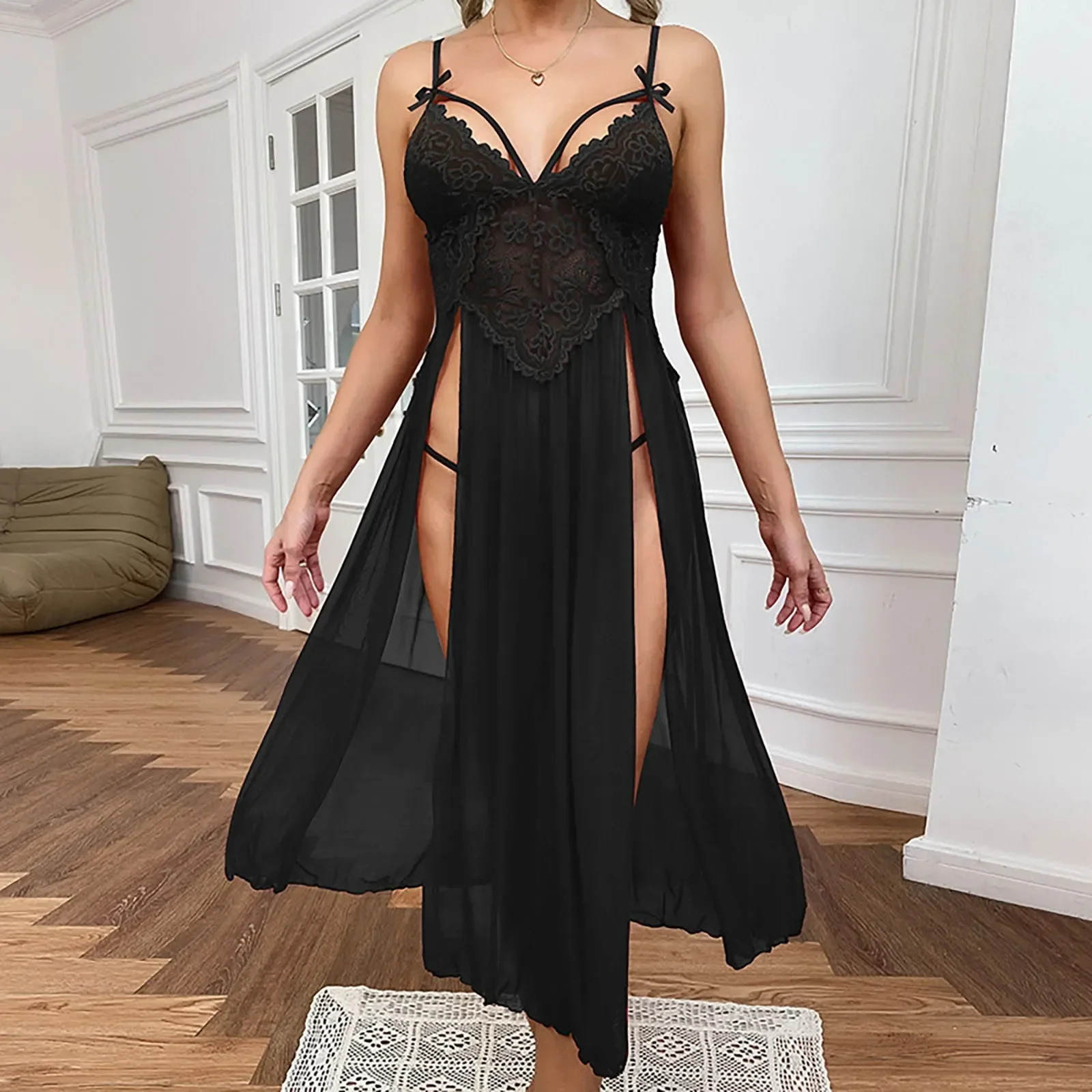 Plus Size Sexy Mesh Deep V Lace Nightgown Side Slit Maxi Lingerie Set Sexy Women'S Underwear Set Sexy Lingerie Set