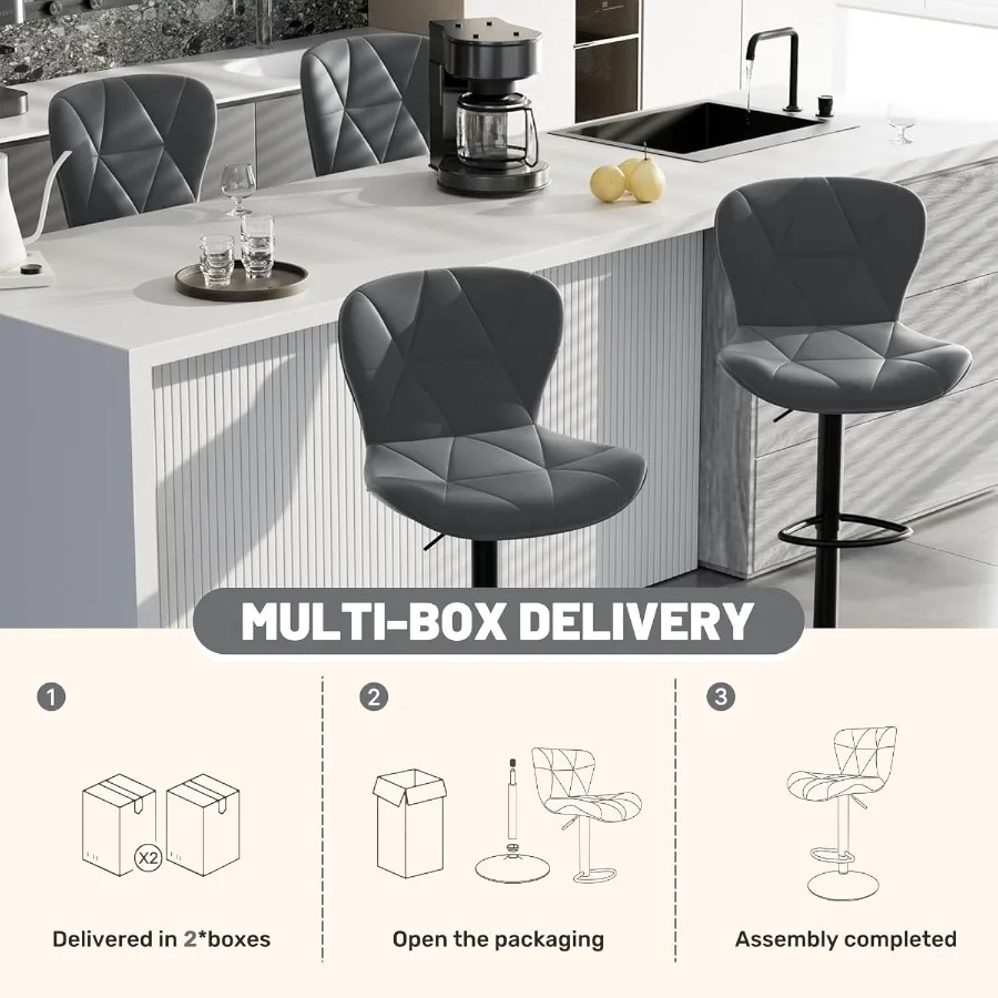 バースツール 4脚セット 調節可能な回転式バースツール カウンターハイトバースツール 背もたれ付き フェイクレザー キッチンアイランドバーチェア ダークG