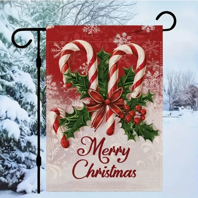 VIKAMA Merry Christmas Garden Flag, Candy Cane Holly Bow Outdoor Yard Hanging Decor, Xmas Outdoor Garden Decor