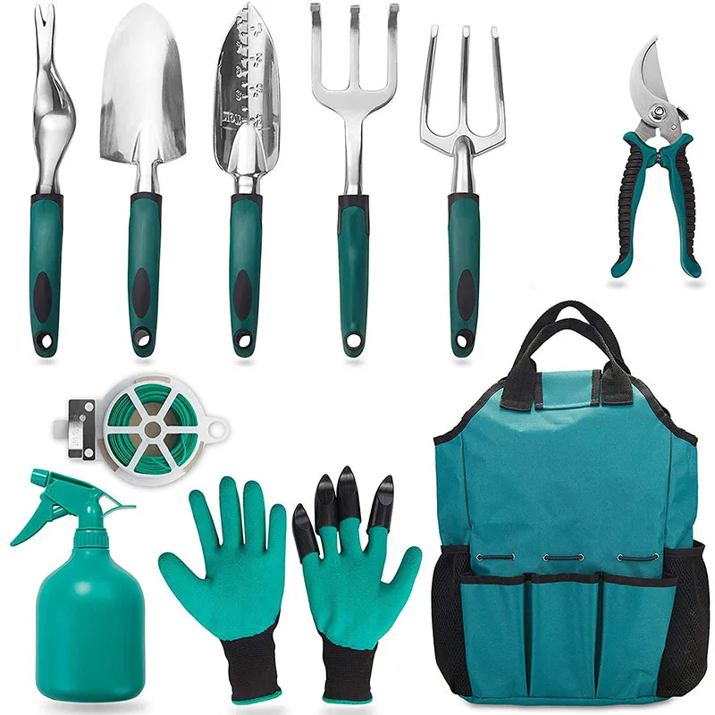 Garden Tools Set Bag Ergonomic Magnesium-Aluminum Alloy Rubber Handle Hand Tools Kit Pruner Gloves Watering Can Plant Labels OEM