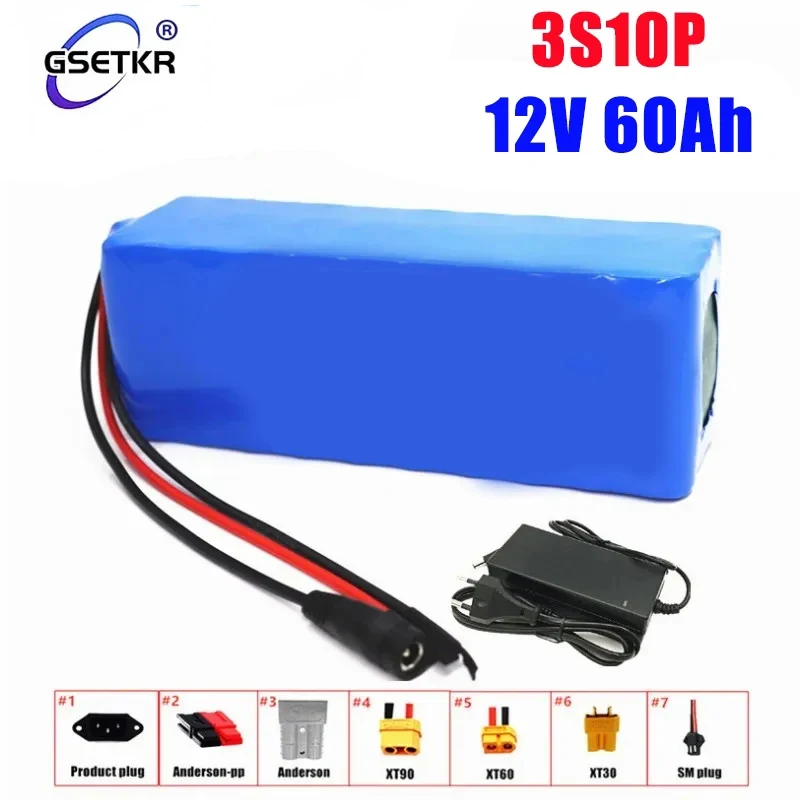 12V 3S10P 60AH Rechargeable Battery Pack 18650 Portable Li-ion Battery DC 12V 60000mAh with BMS Battery Pack+3A Charger