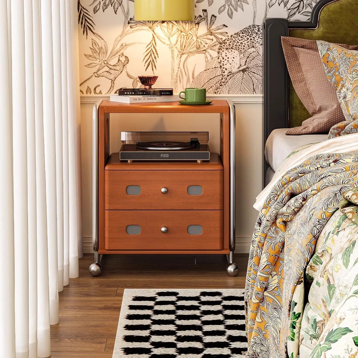 French retro solid wood treasure box bedside table stainless steel medieval bedroom side cabinet