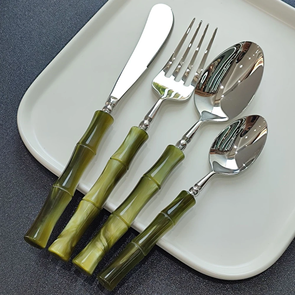 New Resin Cutlery Bamboo Style 18/10 stainless steel 304 Classical Flatware Dinnerware Set Silver Drop Shipping