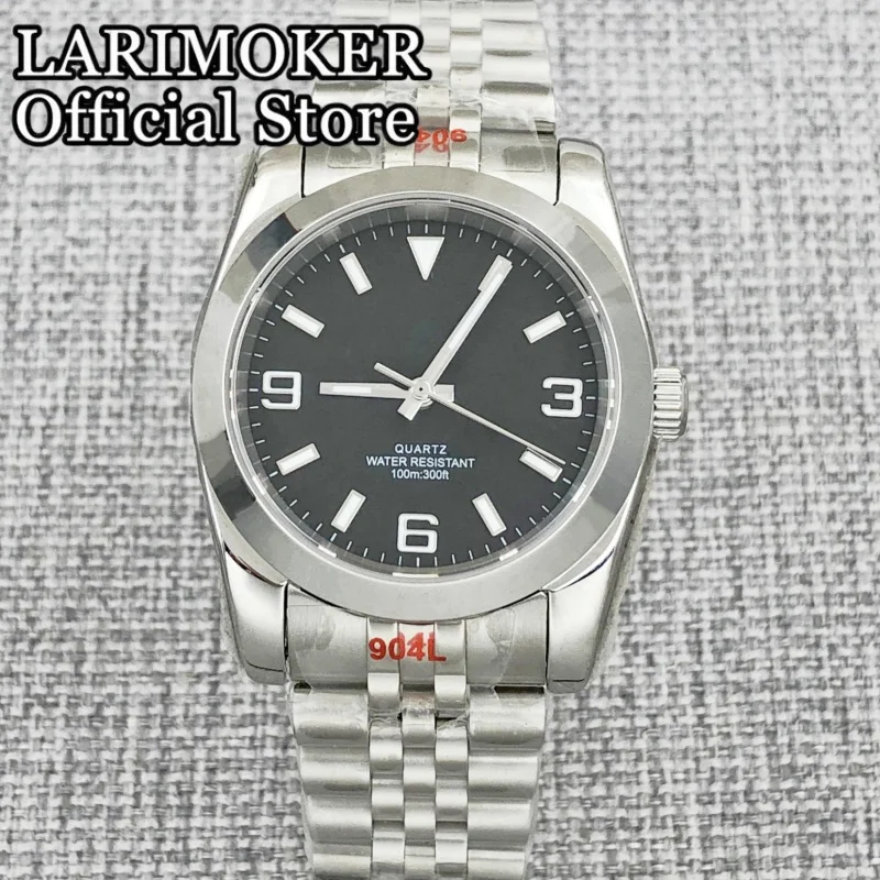 LARIMOKER Jam Tangan Hitam 36Mm/39Mm dengan Dial Kaca Safir Pria Bercahaya Hijau RONDA 515 Gerakan Kuarsa Jam Tangan Tahan Air 10Bar
