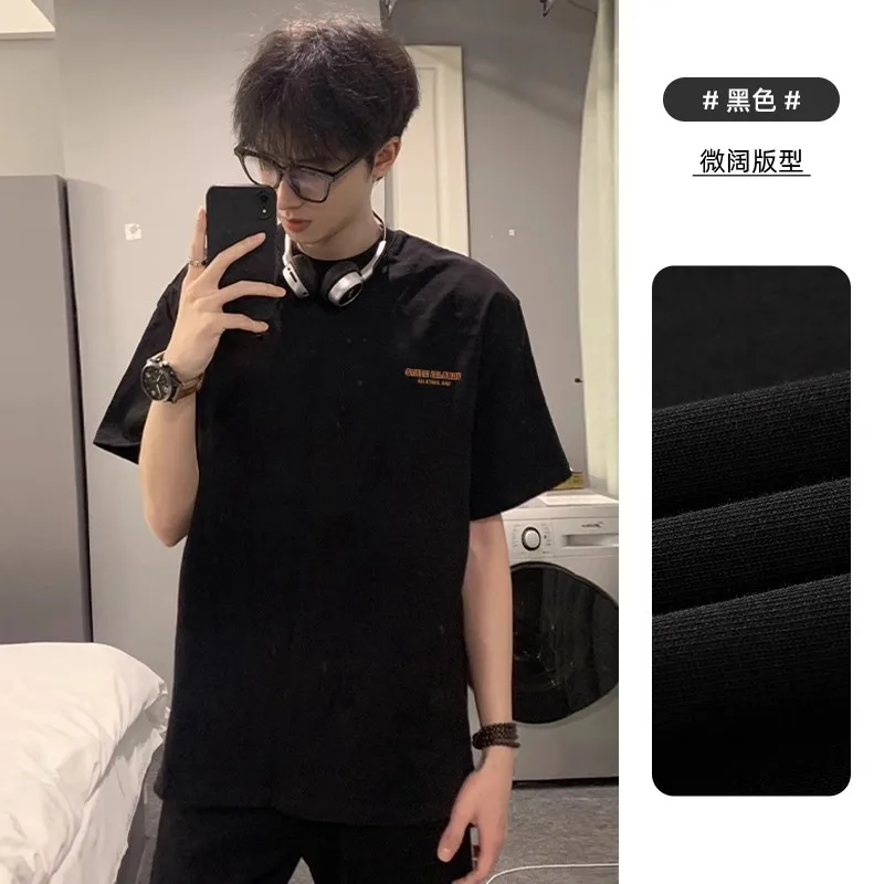 

Motorcycle High-End Pure Cotton Shoulder Pad Short-Sleeved Men's Summer Design Printed Loose Versatile Casual Top