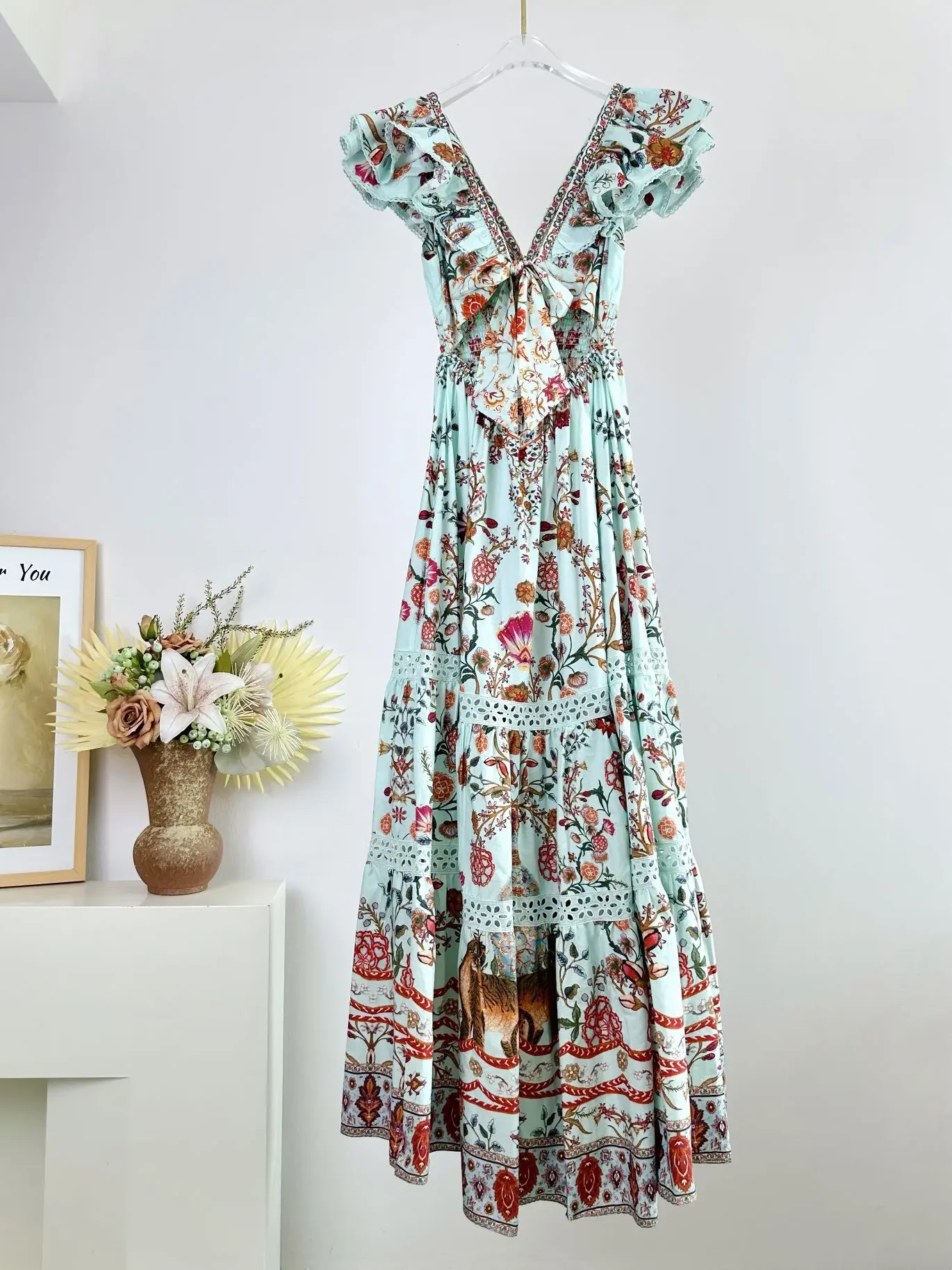 Floral Printed Women's Green Robe Bow Tie Backless Beaded V-Neck Flare Sleeve Lace Stitching Elegant Ladies Maxi Dress