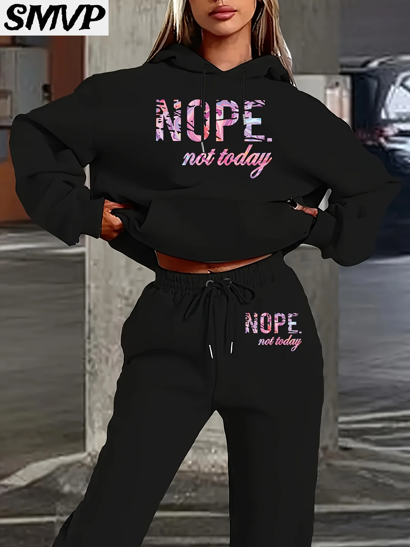 

SMVP Семейный хлопковый комплект с капюшоном, черный комплект из двух предметов с принтом «Не сегодня», одинаковая повседневная одежда для дома для родителей и детей, уличная одежда