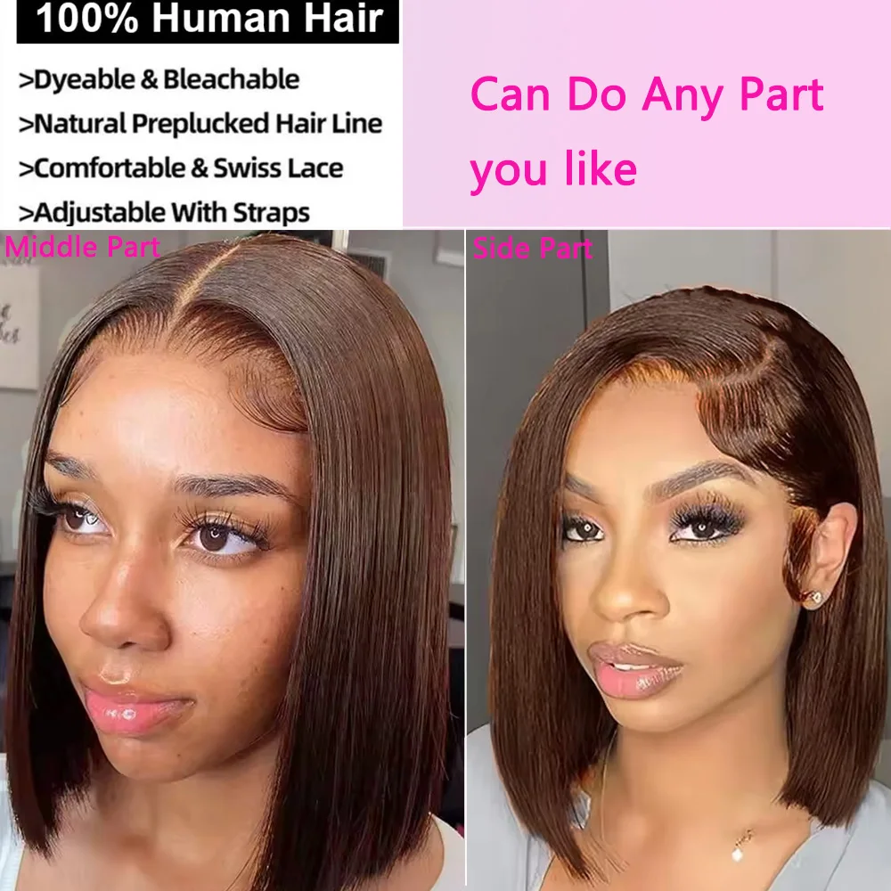 Brown Straight bob Wigs Human Hair 13x4 Lace Front Wig Brazilian #4 Bob Glueless wig 4x4 Closure HD Lace Human Hair Wig For Wome