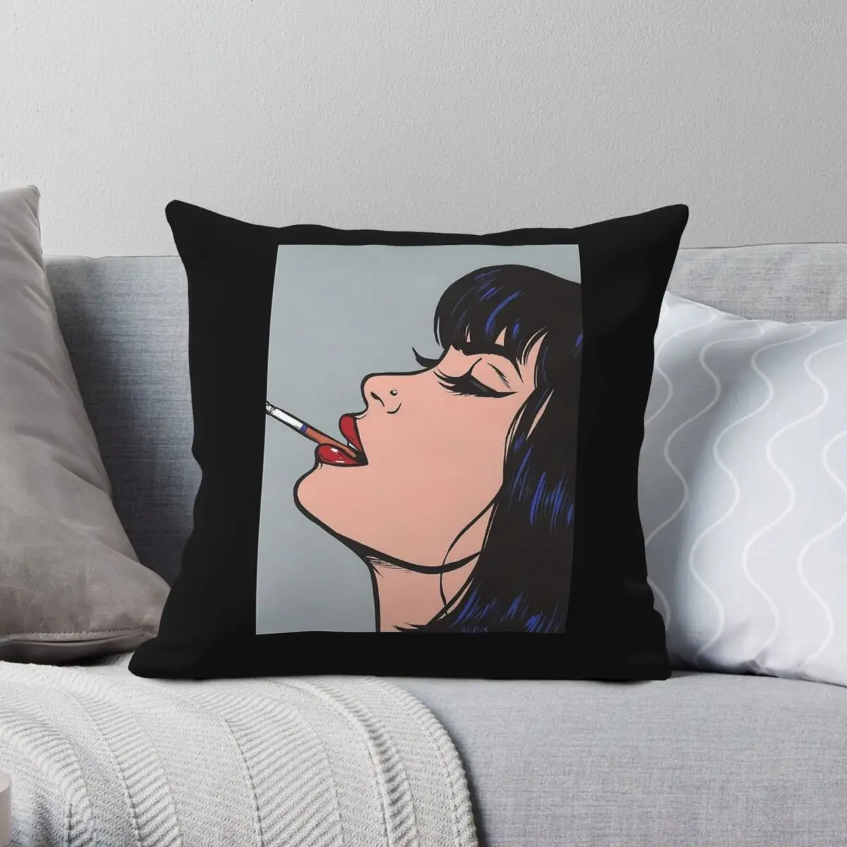 Black Bangs Smoking Girl Square Pillowcase Polyester Linen Velvet Pattern Zip Decor Pillow Case Car Cushion Cover 18