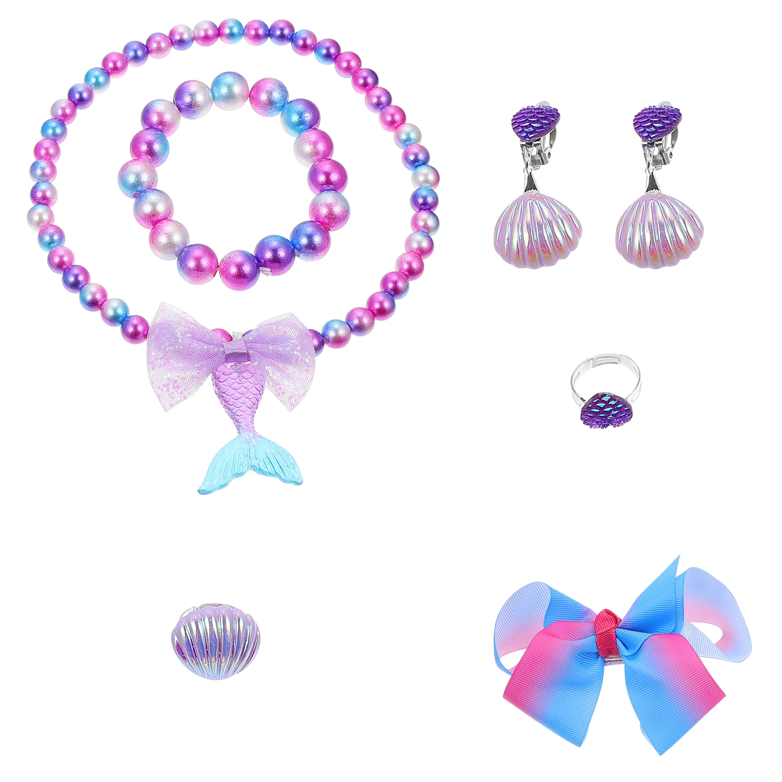 

Shell Jewelry Set Cartoon Mermaid Design Little Accessories Beaded Necklace Bracelet Ribbon Kids Children's