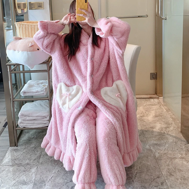 Sweet Cute Long Ear Hooded Robe With Pants Suit Women\'s Winter Flannel Pyjamas Two-piece Set Nightgown Set Warm Nightdress Set