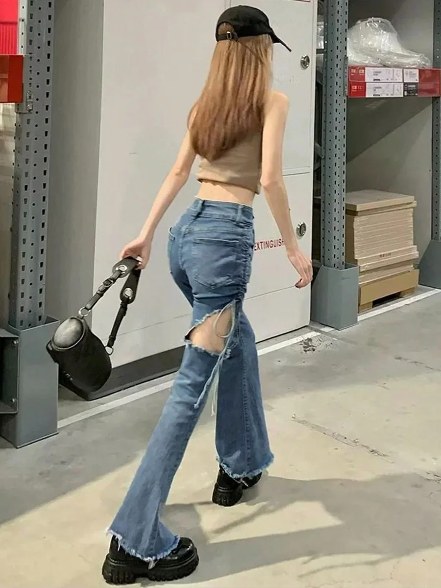

Chic American Retro Belted Hole Wide Leg Jeans High Waist Slim Straight Micro Flared Denim Women's Summer Faion Trousers