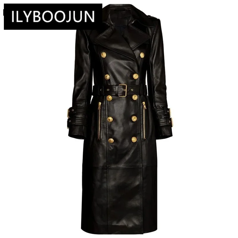 

Winter Luxury Design Double Breasted Black Pu Leather Long Coats For Ladies Quality Street Women Trench With Belt High