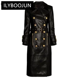 Winter Luxury Design Double Breasted Black Pu Leather Long Coats For Ladies Quality Street Women Trench With Belt High