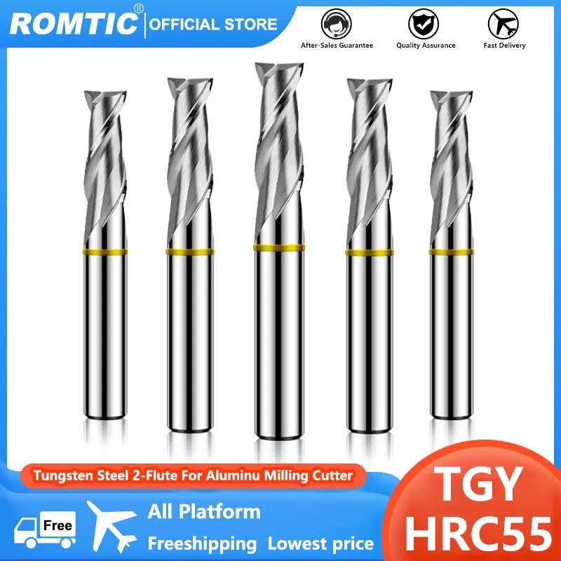 ROMTIC TGY-HRC55 2-Flute For Aluminu Tungsten Steel Carbide Milling Cutter CNC Mechanical Machining Center Flat End Mill Tools