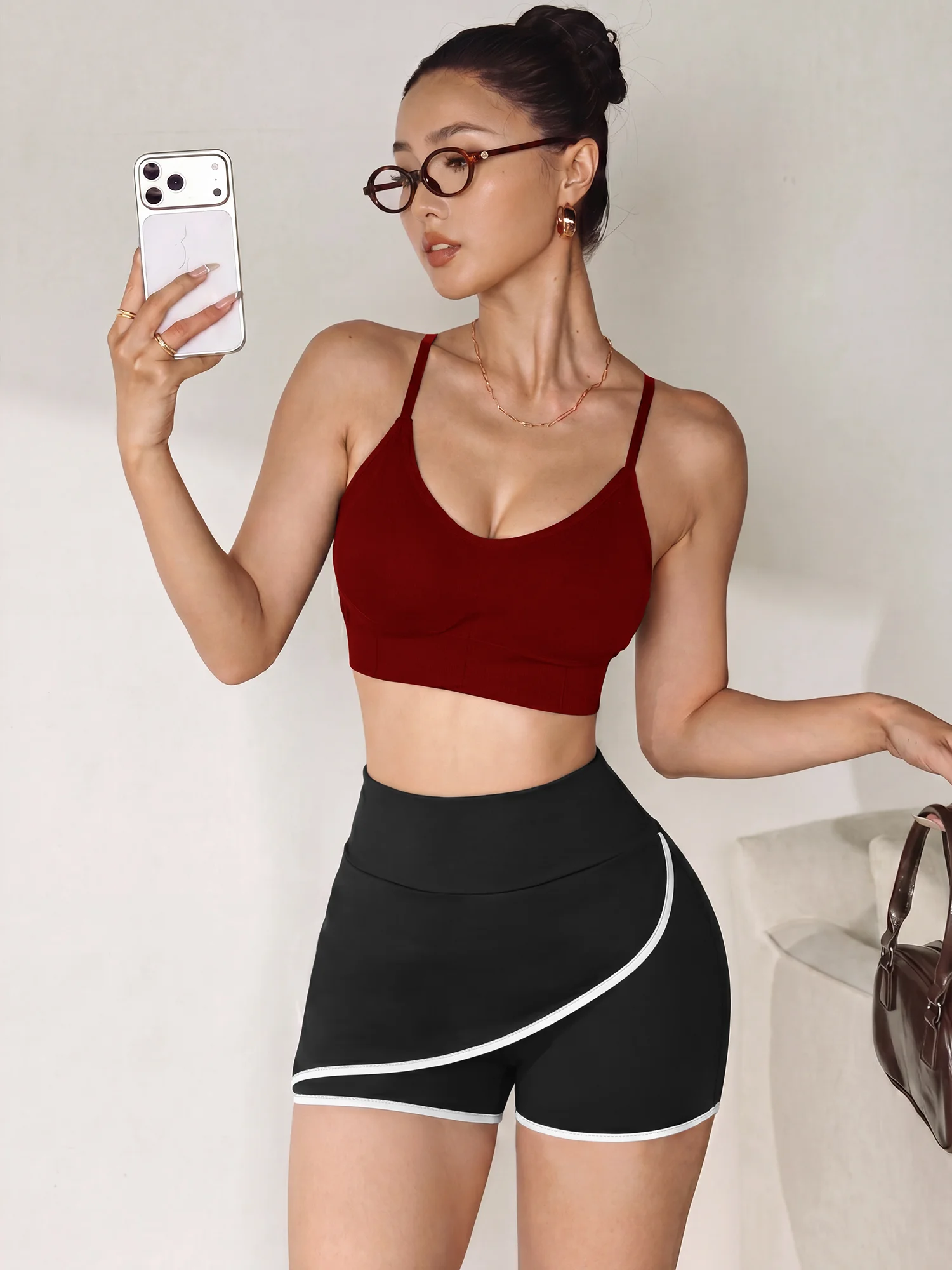 Women High Elastic Skort Inspired Shorts Contrast White Trim Streetwear Casual Bottoms