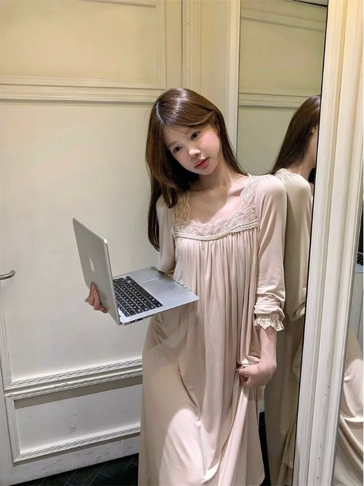Lace Patchwork Seven-Quarter Sleeve Sleep Dress Women's Loose Drapey Home Clothes Long Skirt Style Comfortable Breathable Sum...