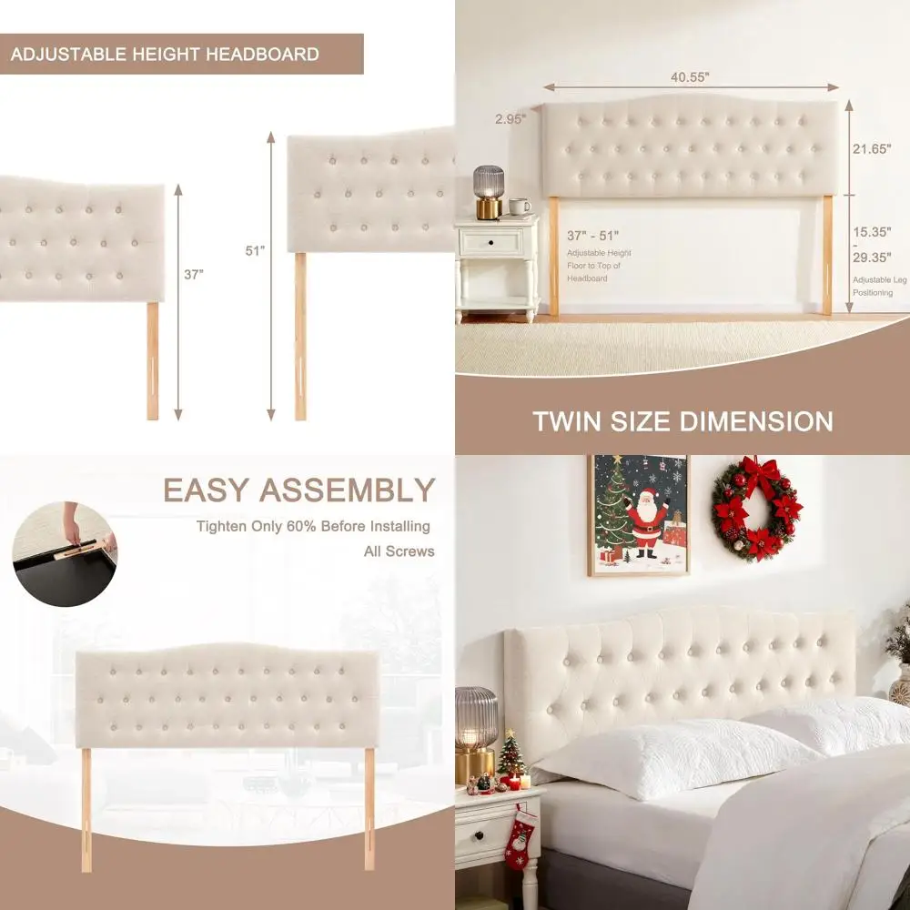 

Twin XL Upholstered Bed Frame with Adjustable Height, Solid Wood Construction, Beige Diamond Stitched Fabric