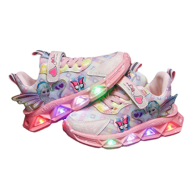 Kids LED Sport Shoes Disney Frozen Elsa Running Shoes Fashion Children Tennis Shoes Girls Luminous Casual Sneakers Basket Shoes